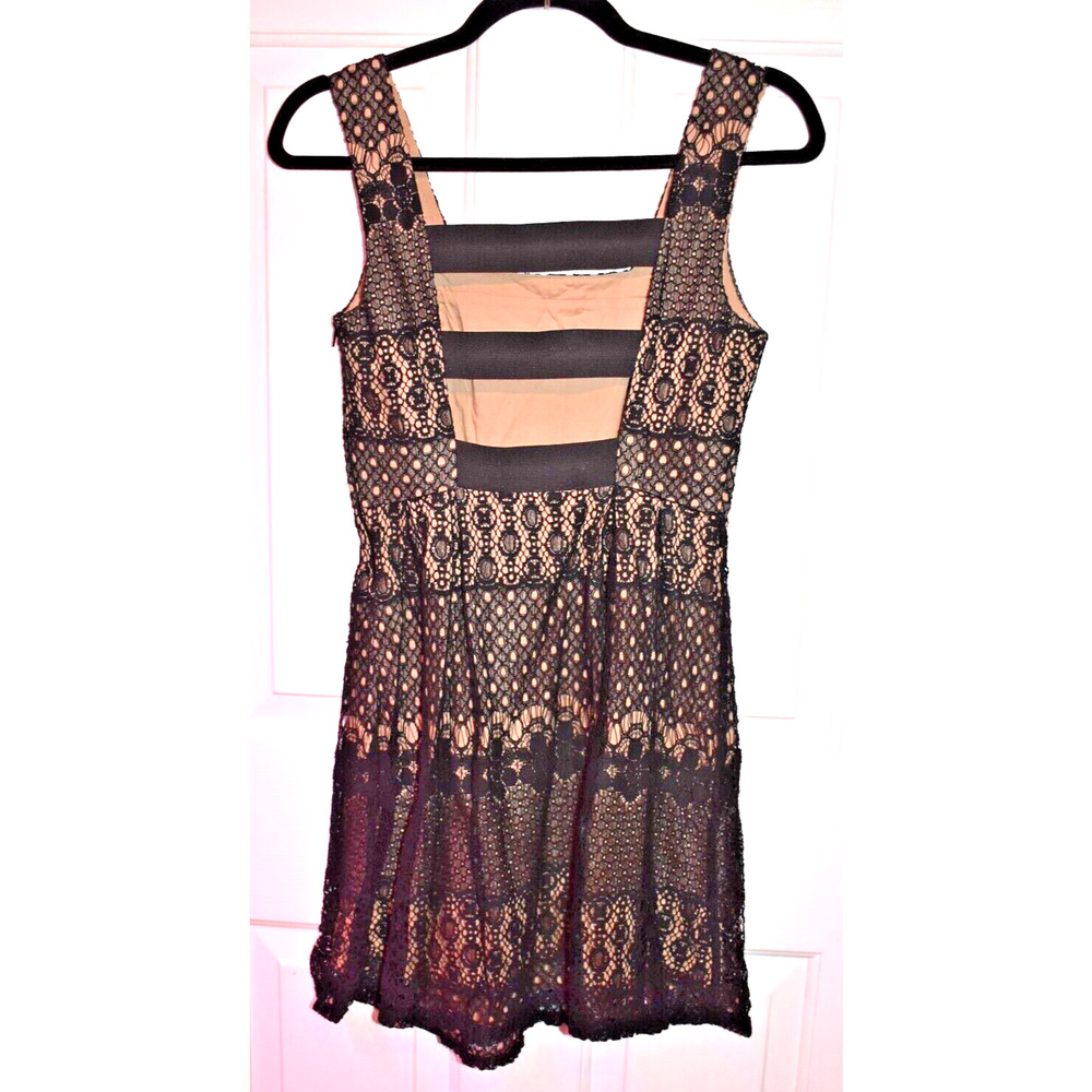 FISHBOWL Lace Sleeveless Party Dress | Black & Tan | Square Neck A-Line | Small - Picture 2 of 5
